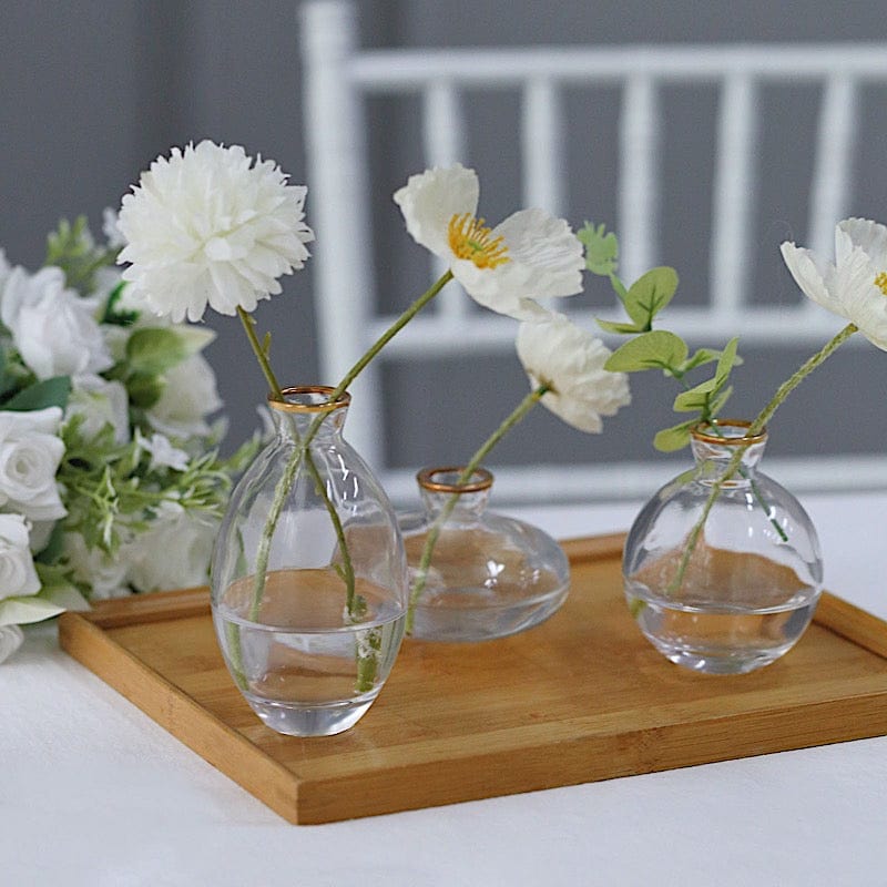 3 Clear Small Glass Flower Vases with Metallic Gold Trim Table Centerpieces