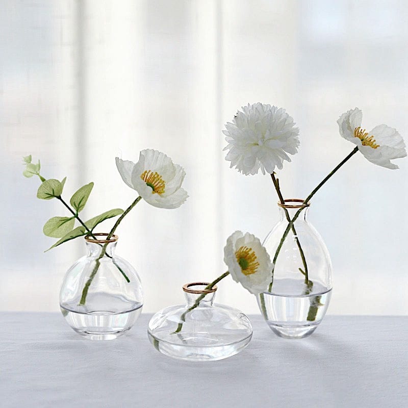 3 Clear Small Glass Flower Vases with Metallic Gold Trim Table Centerpieces