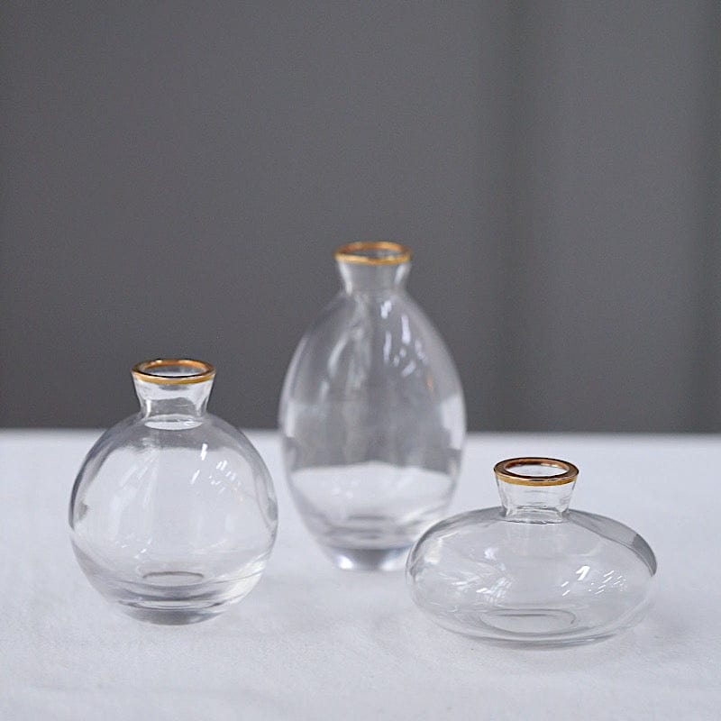 3 Clear Small Glass Flower Vases with Metallic Gold Trim Table Centerpieces
