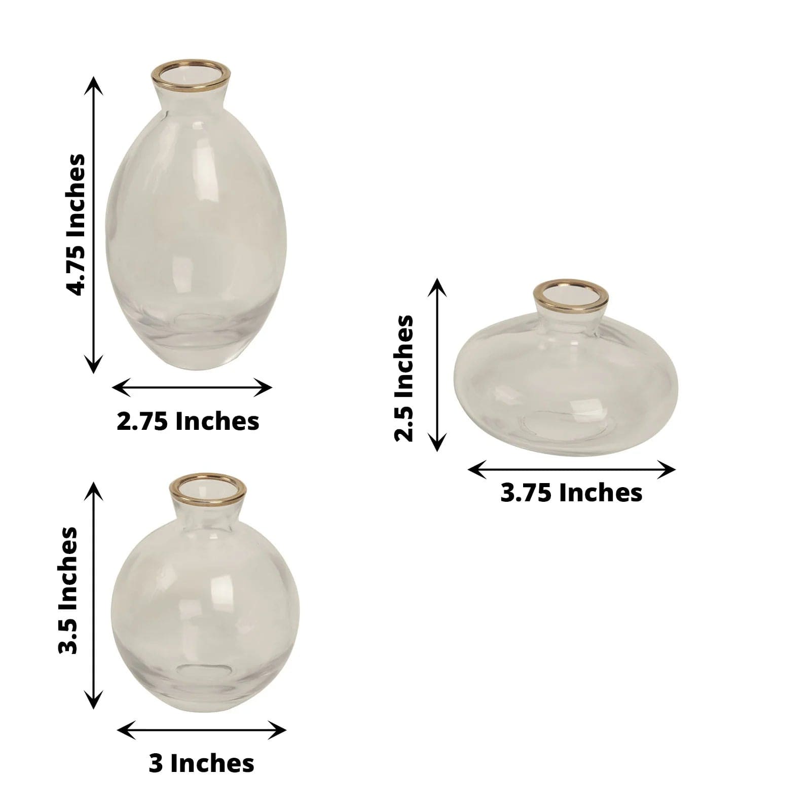3 Clear Small Glass Flower Vases with Metallic Gold Trim Table Centerpieces