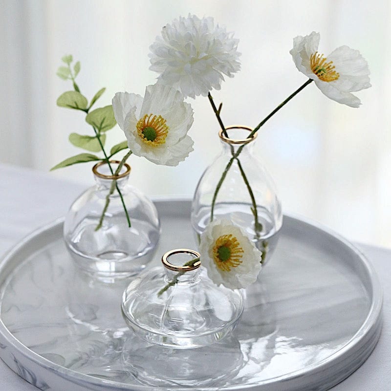 3 Clear Small Glass Flower Vases with Metallic Gold Trim Table Centerpieces