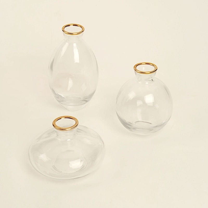 3 Clear Small Glass Flower Vases with Metallic Gold Trim Table Centerpieces