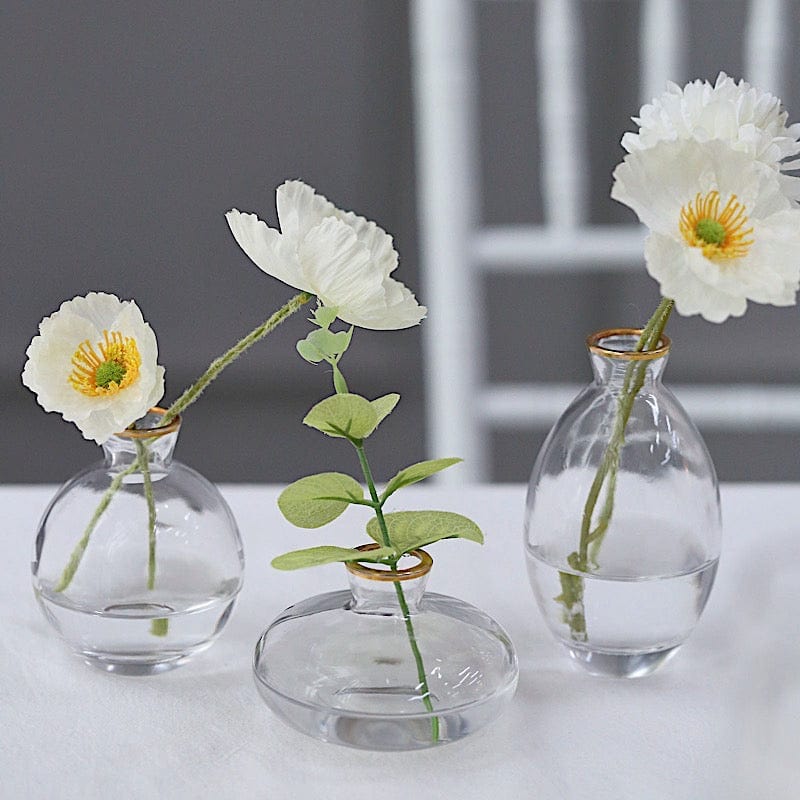 3 Clear Small Glass Flower Vases with Metallic Gold Trim Table Centerpieces