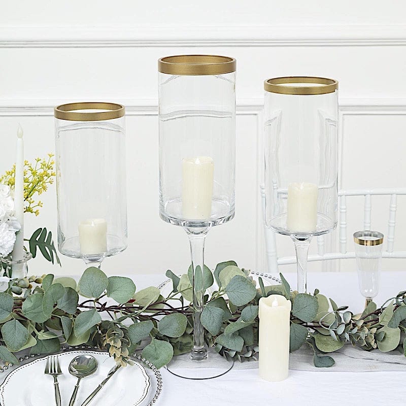 3 Clear with Gold Rim Long Stem Hurricane Glass Candle Holders