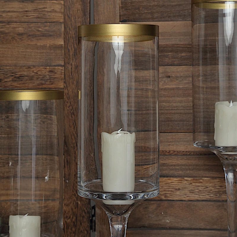 3 Clear with Gold Rim Long Stem Hurricane Glass Candle Holders