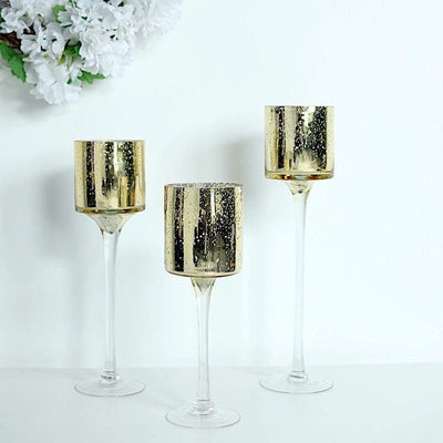 3 Long Stem Mercury Glass Vases Candle Holders