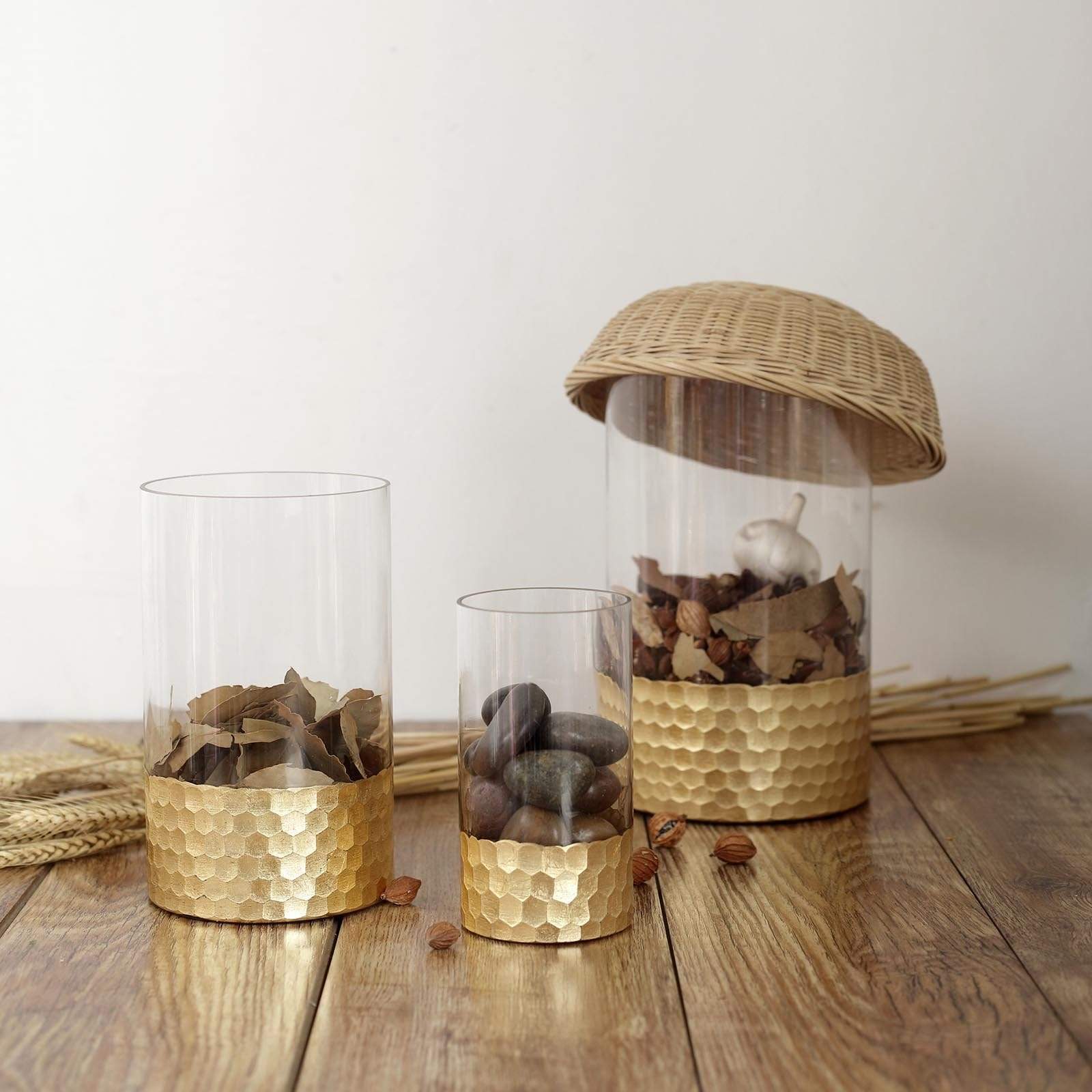 3 pcs Clear with Gold Honeycomb Trim Glass Cylinder Vases