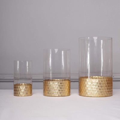 3 pcs Clear with Gold Honeycomb Trim Glass Cylinder Vases Set