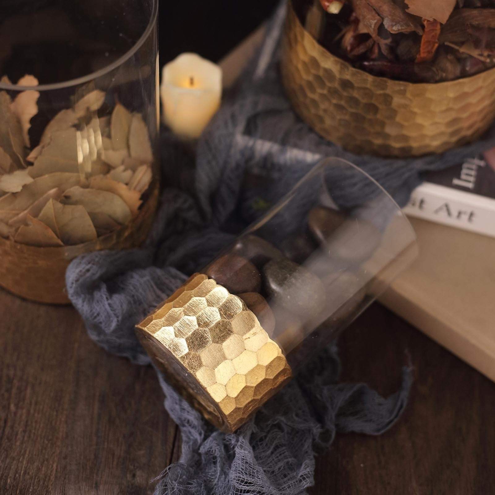 3 pcs Clear with Gold Honeycomb Trim Glass Cylinder Vases