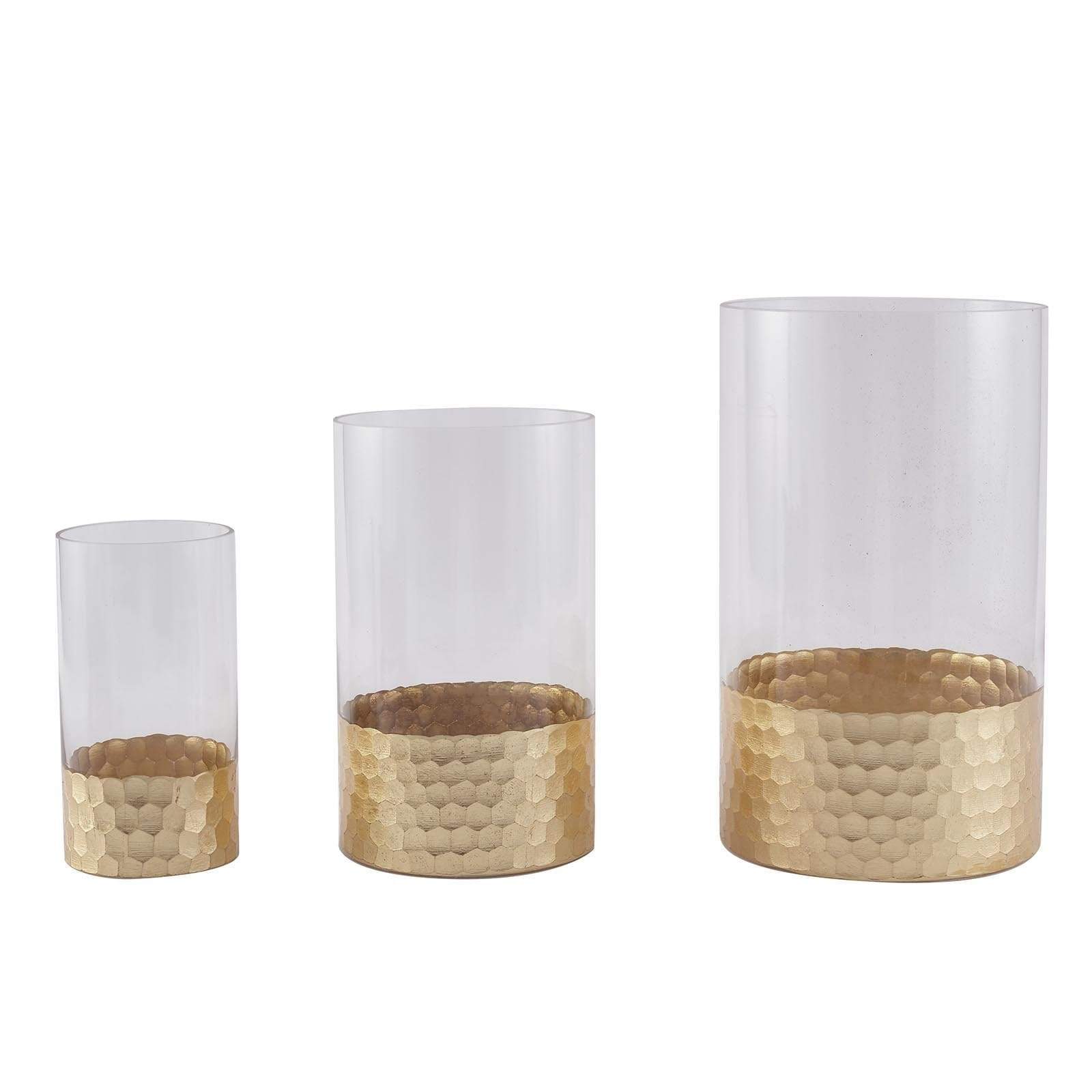 3 pcs Clear with Gold Honeycomb Trim Glass Cylinder Vases