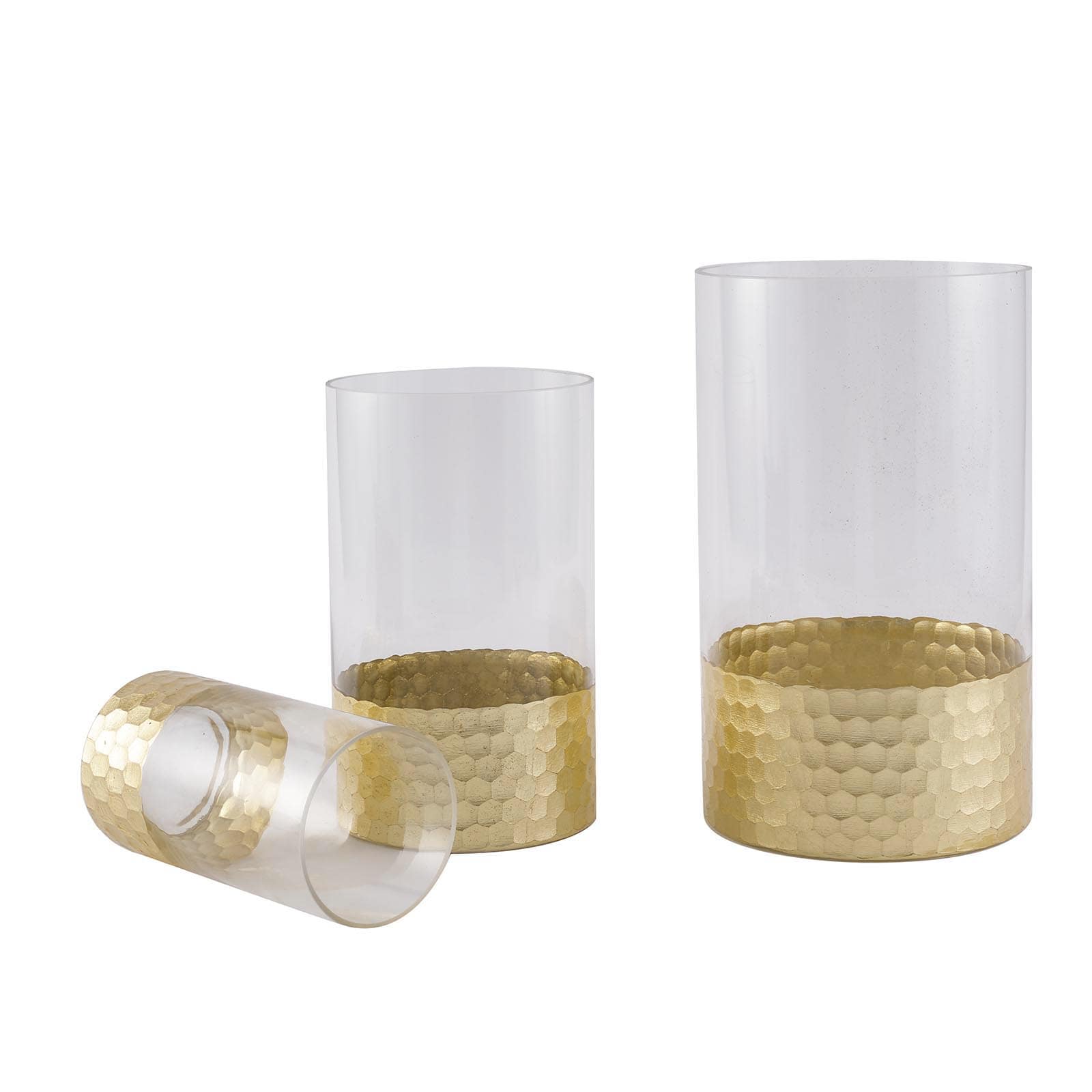 3 pcs Clear with Gold Honeycomb Trim Glass Cylinder Vases
