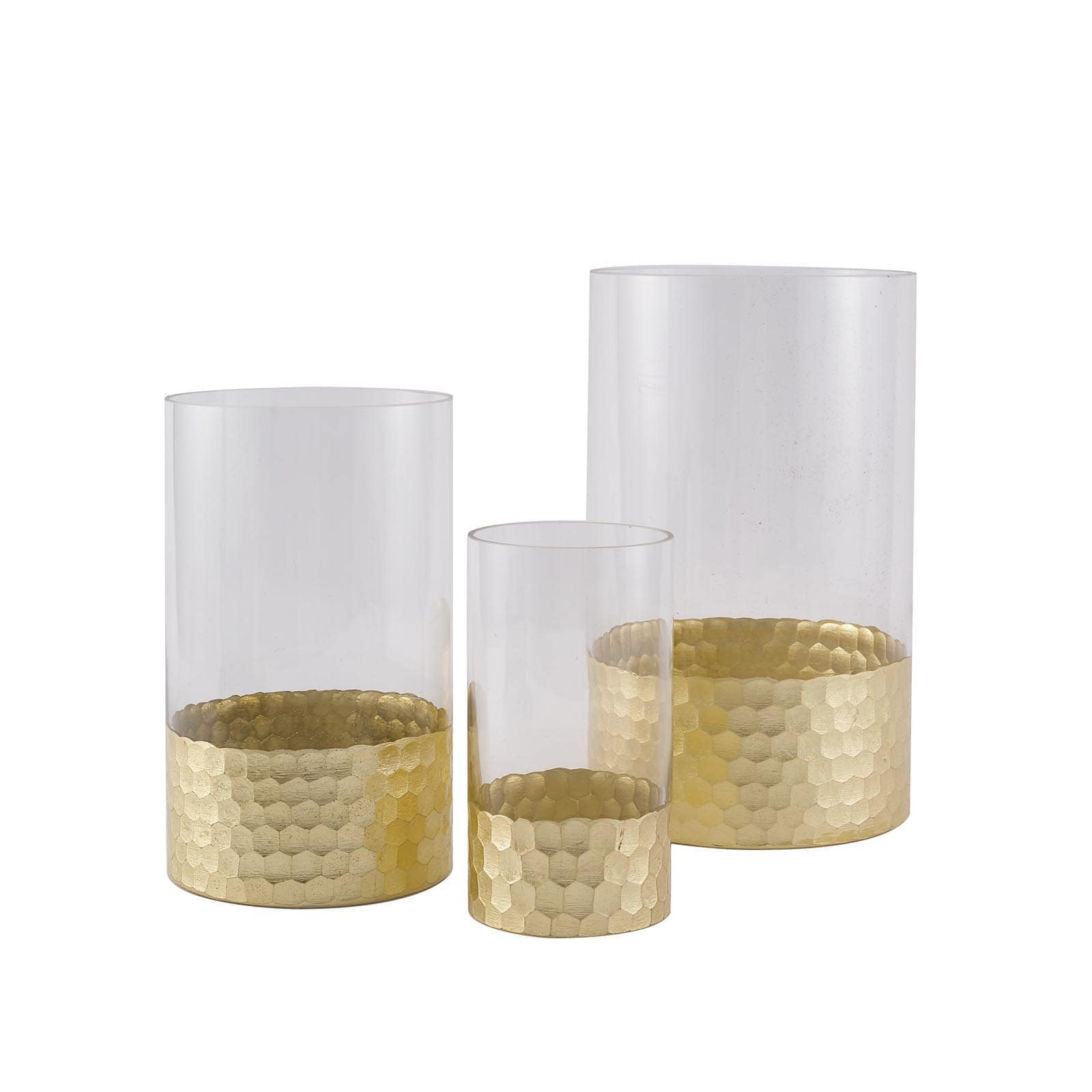 3 pcs Clear with Gold Honeycomb Trim Glass Cylinder Vases