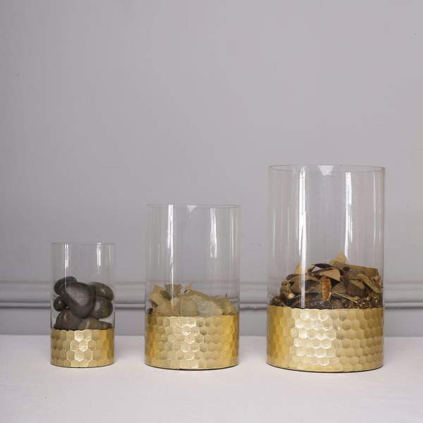 3 pcs Clear with Gold Honeycomb Trim Glass Cylinder Vases