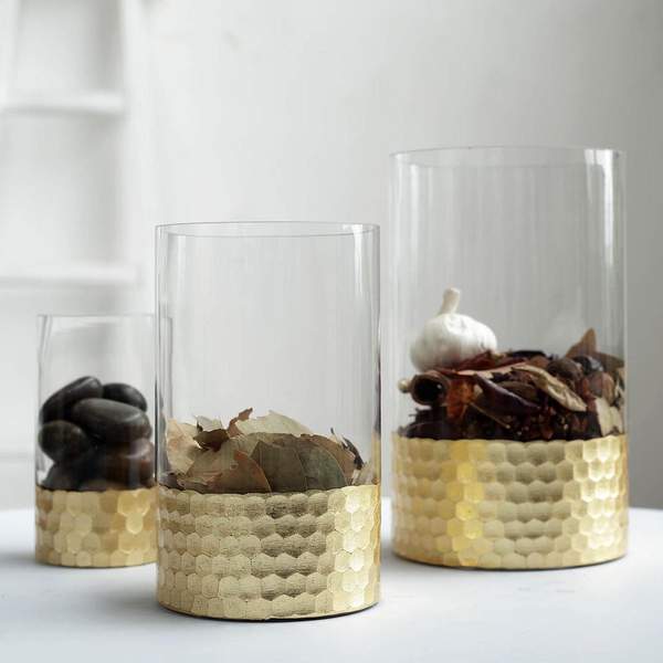 3 pcs Clear with Gold Honeycomb Trim Glass Cylinder Vases