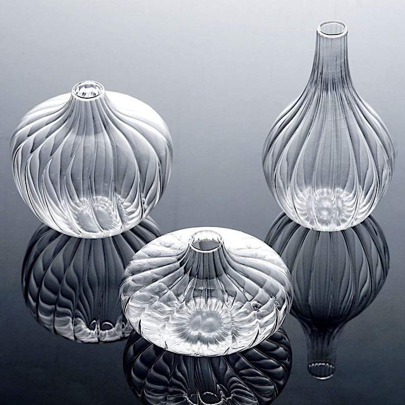 3 Round Ribbed Glass Flower Vases Table Centerpieces