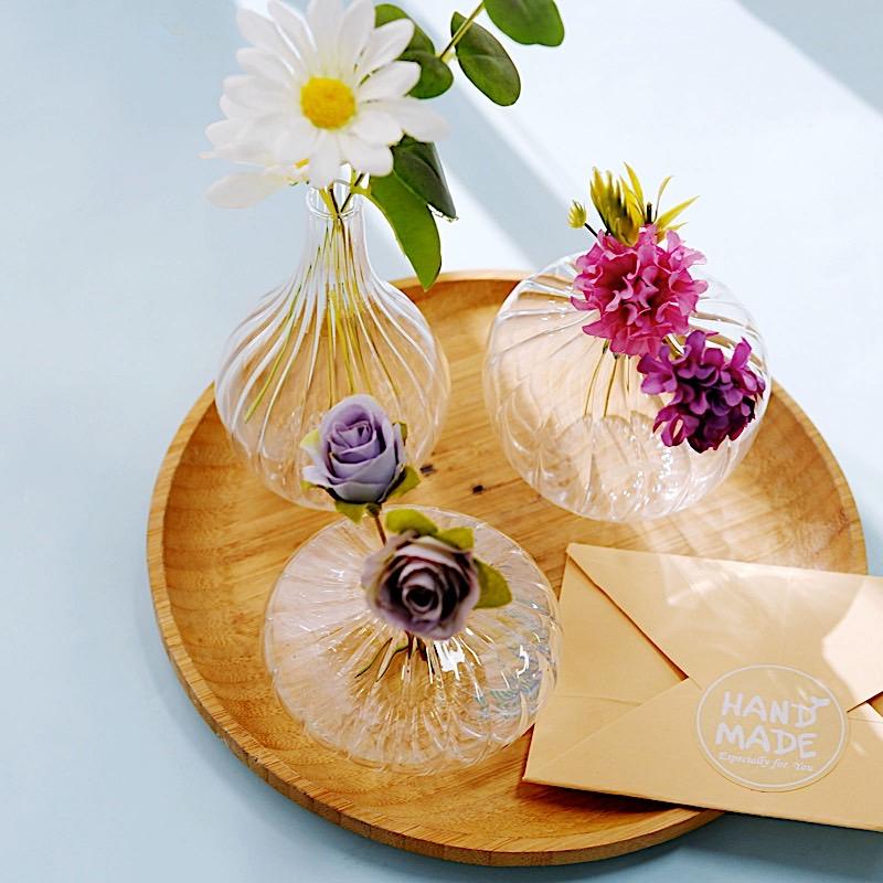 3 Round Ribbed Glass Flower Vases Table Centerpieces