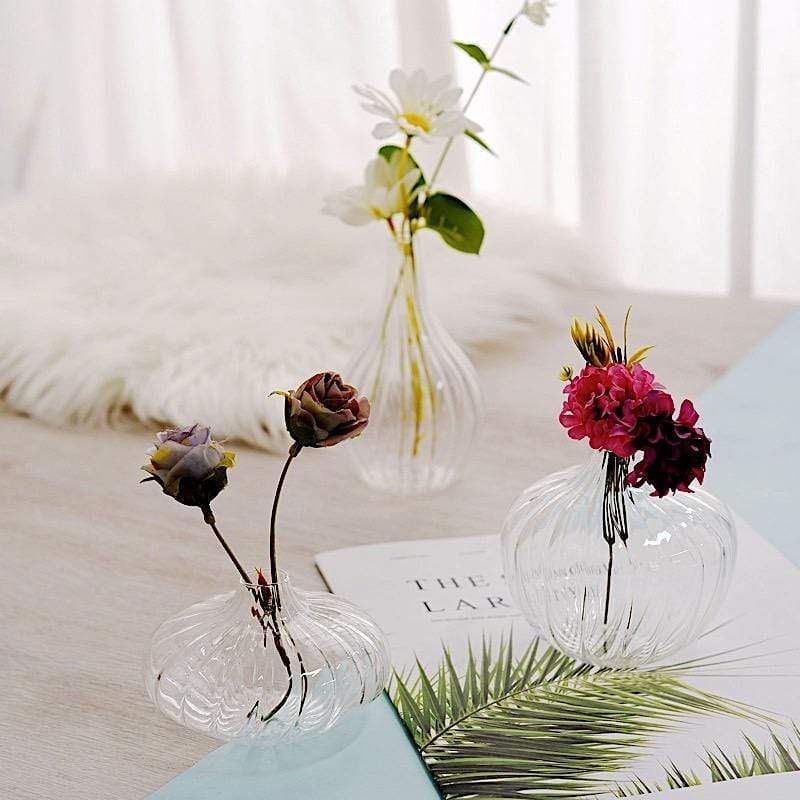 3 Round Ribbed Glass Flower Vases Table Centerpieces