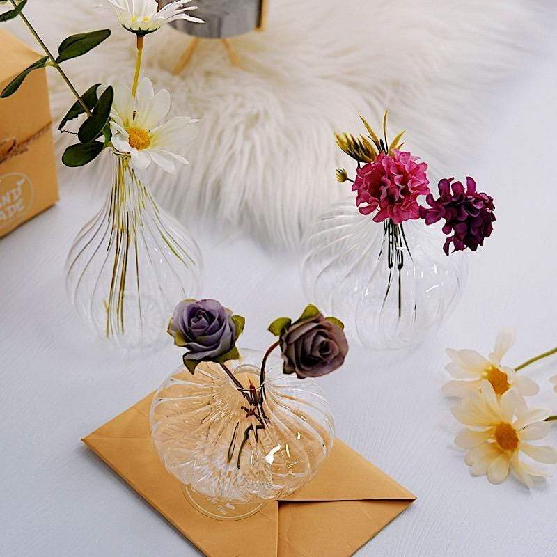 3 Round Ribbed Glass Flower Vases Table Centerpieces