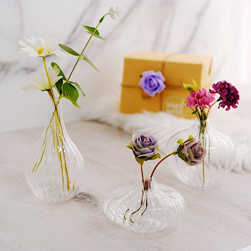 3 Round Ribbed Glass Flower Vases Table Centerpieces