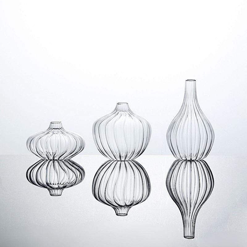3 Round Ribbed Glass Flower Vases Table Centerpieces
