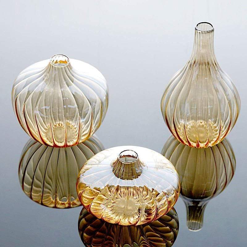 3 Round Ribbed Glass Flower Vases Table Centerpieces