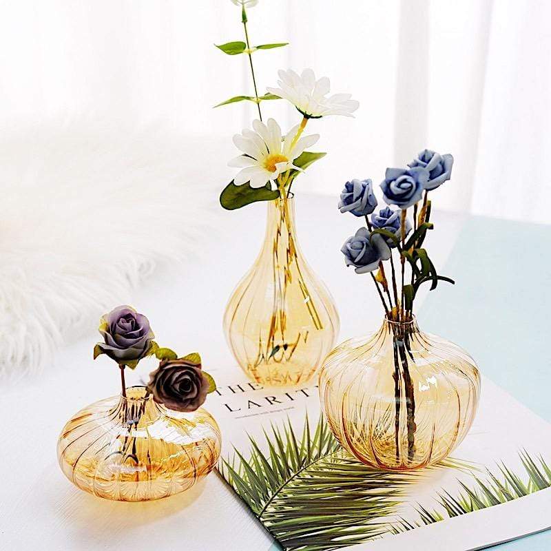 3 Round Ribbed Glass Flower Vases Table Centerpieces