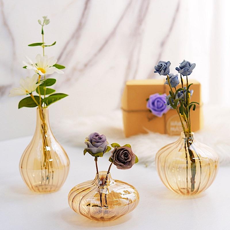 3 Round Ribbed Glass Flower Vases Table Centerpieces