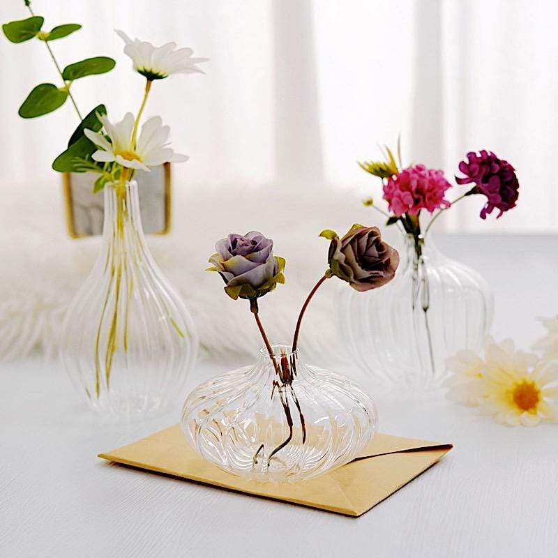 3 Round Ribbed Glass Flower Vases Table Centerpieces