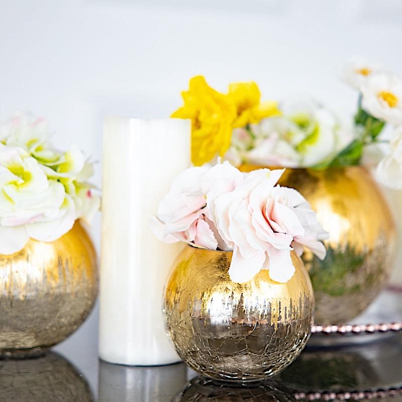 4.5 in tall Gold Crackle Glass Round Candle Holder Vase