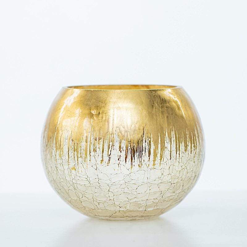 4.5 in tall Gold Crackle Glass Round Candle Holder Vase