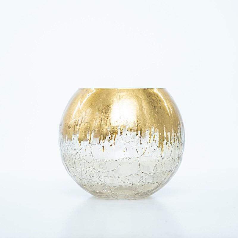 4 in tall Gold Crackle Glass Round Candle Holder Vase