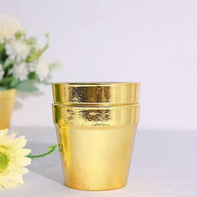6 Gold 3 in tall Metallic Round Plastic Flower Plant Pots