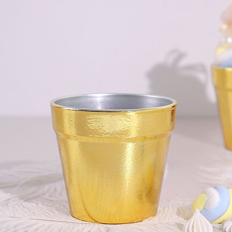 6 Gold 3 in tall Metallic Round Plastic Flower Plant Pots