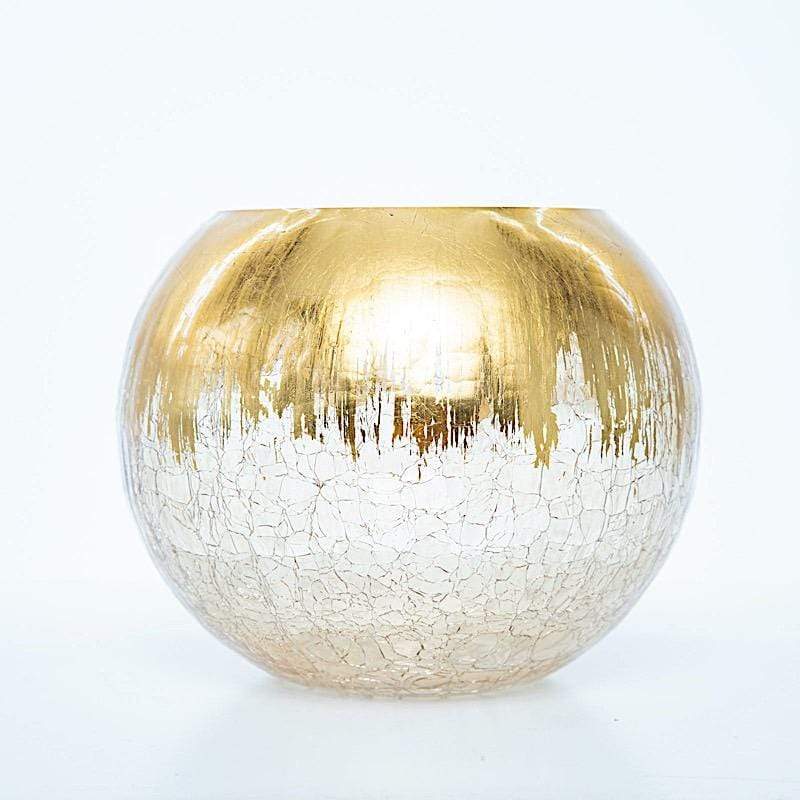 6 in tall Gold Crackle Glass Round Candle Holder Vase