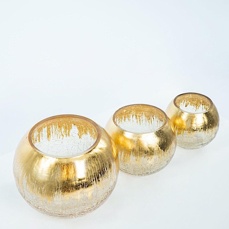 6 in tall Gold Crackle Glass Round Candle Holder Vase