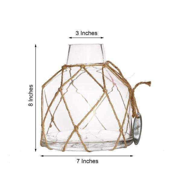 8 in tall Clear with Twine Net and Metal Coin Tag Glass Jar Vase