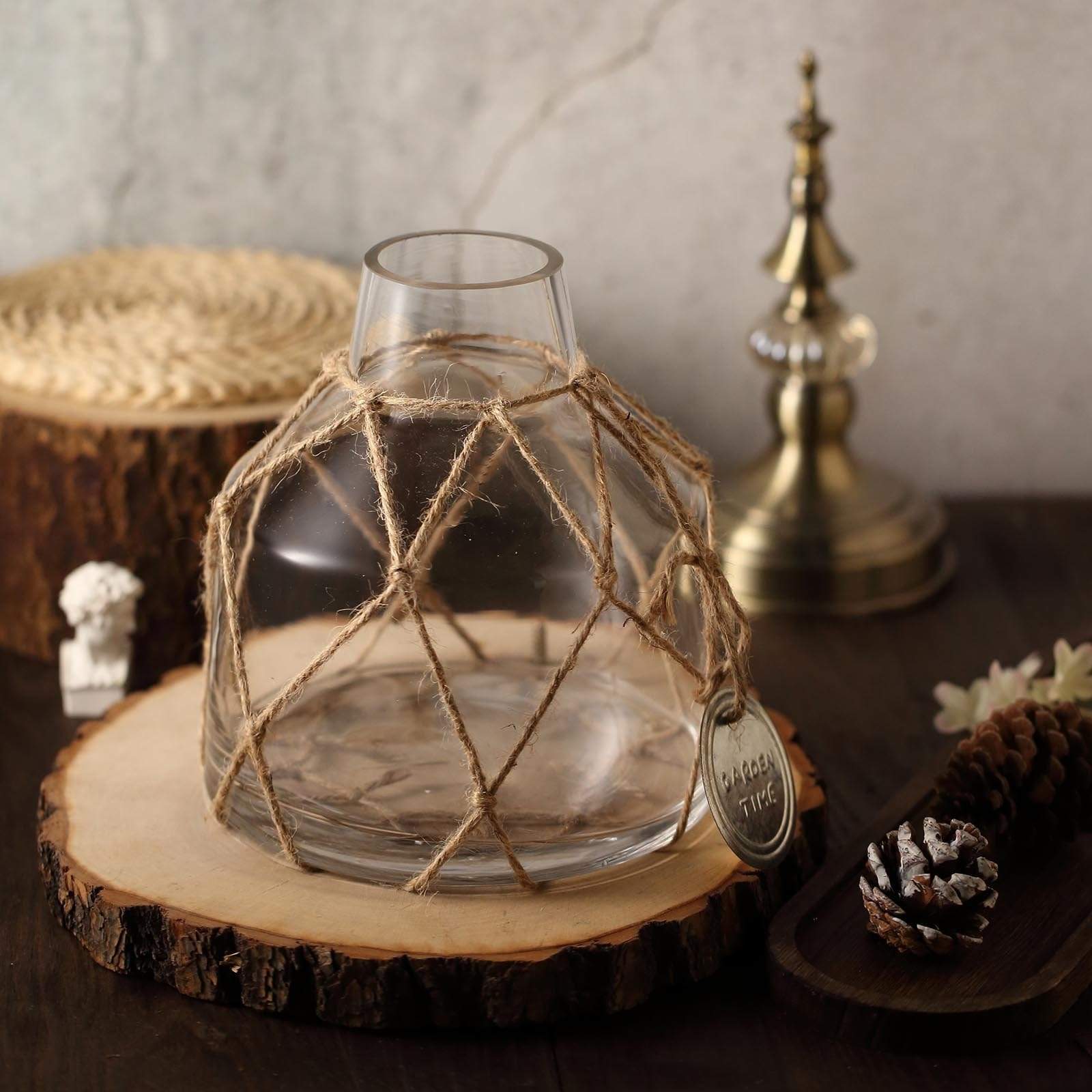 8 in tall Clear with Twine Net and Metal Coin Tag Glass Jar Vase