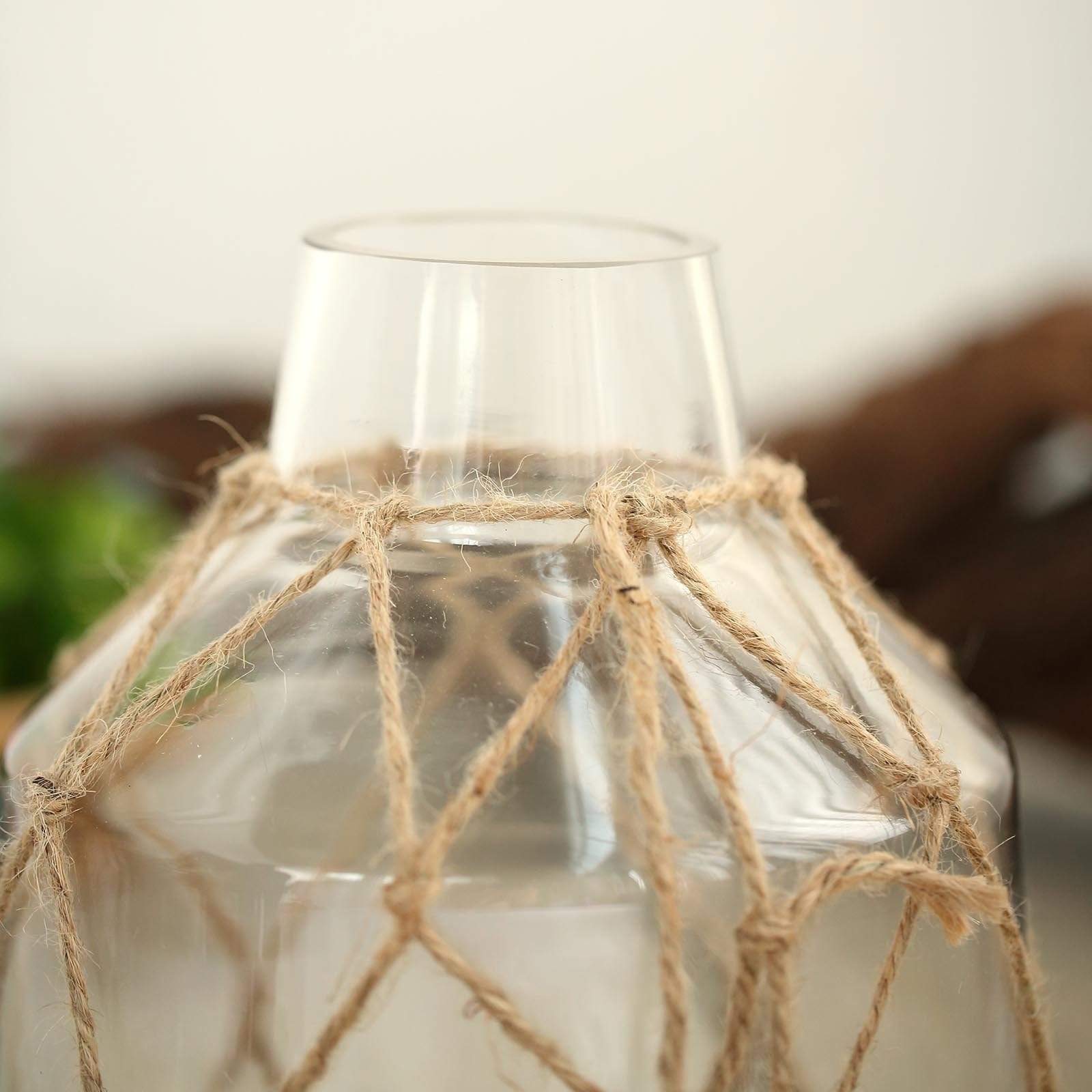 8 in tall Clear with Twine Net and Metal Coin Tag Glass Jar Vase
