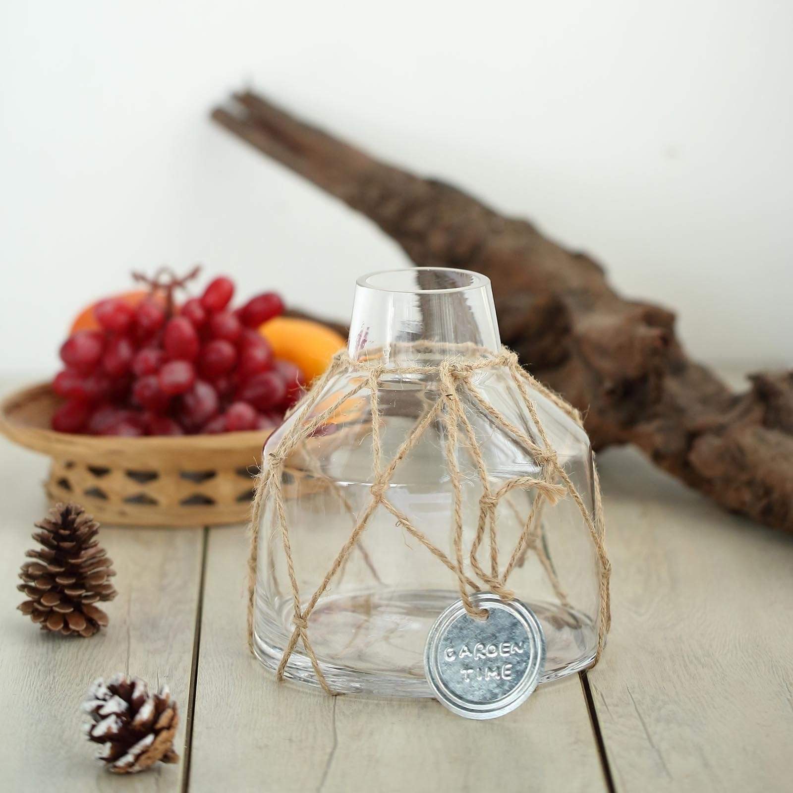 8 in tall Clear with Twine Net and Metal Coin Tag Glass Jar Vase