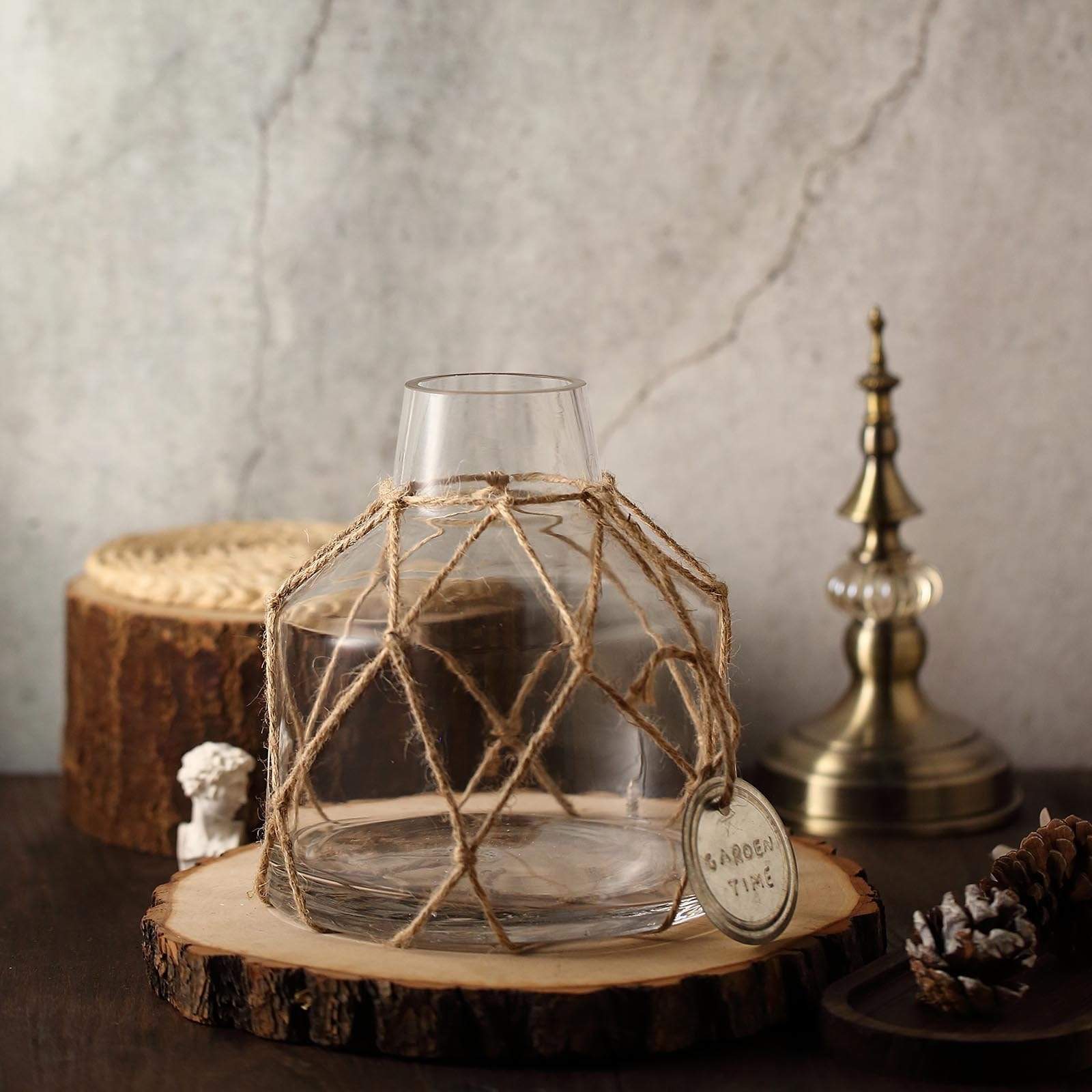 8 in tall Clear with Twine Net and Metal Coin Tag Glass Jar Vase