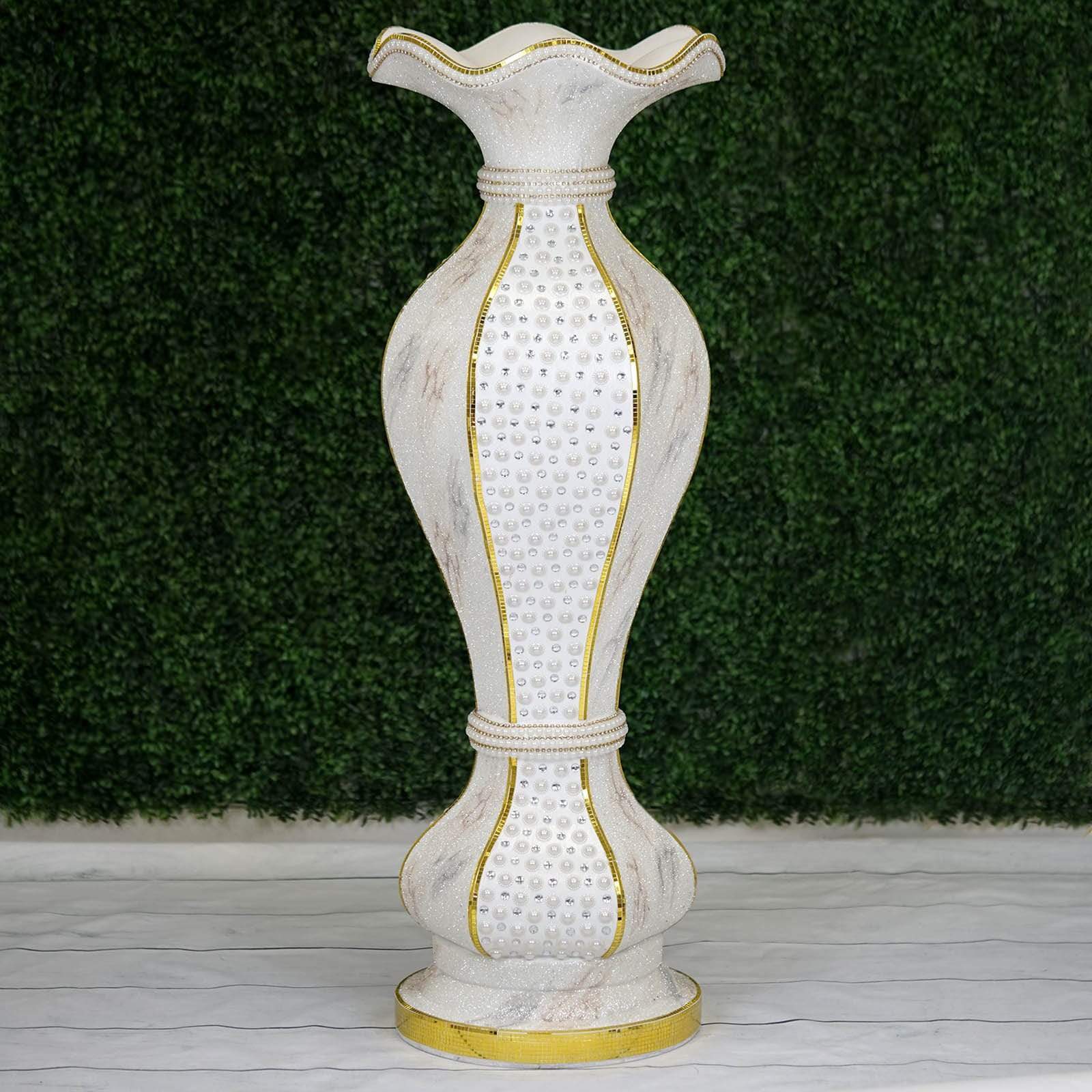 White Gold 40 in tall Ceramic Pot Vase with Marble Design and Mirror Mosaic