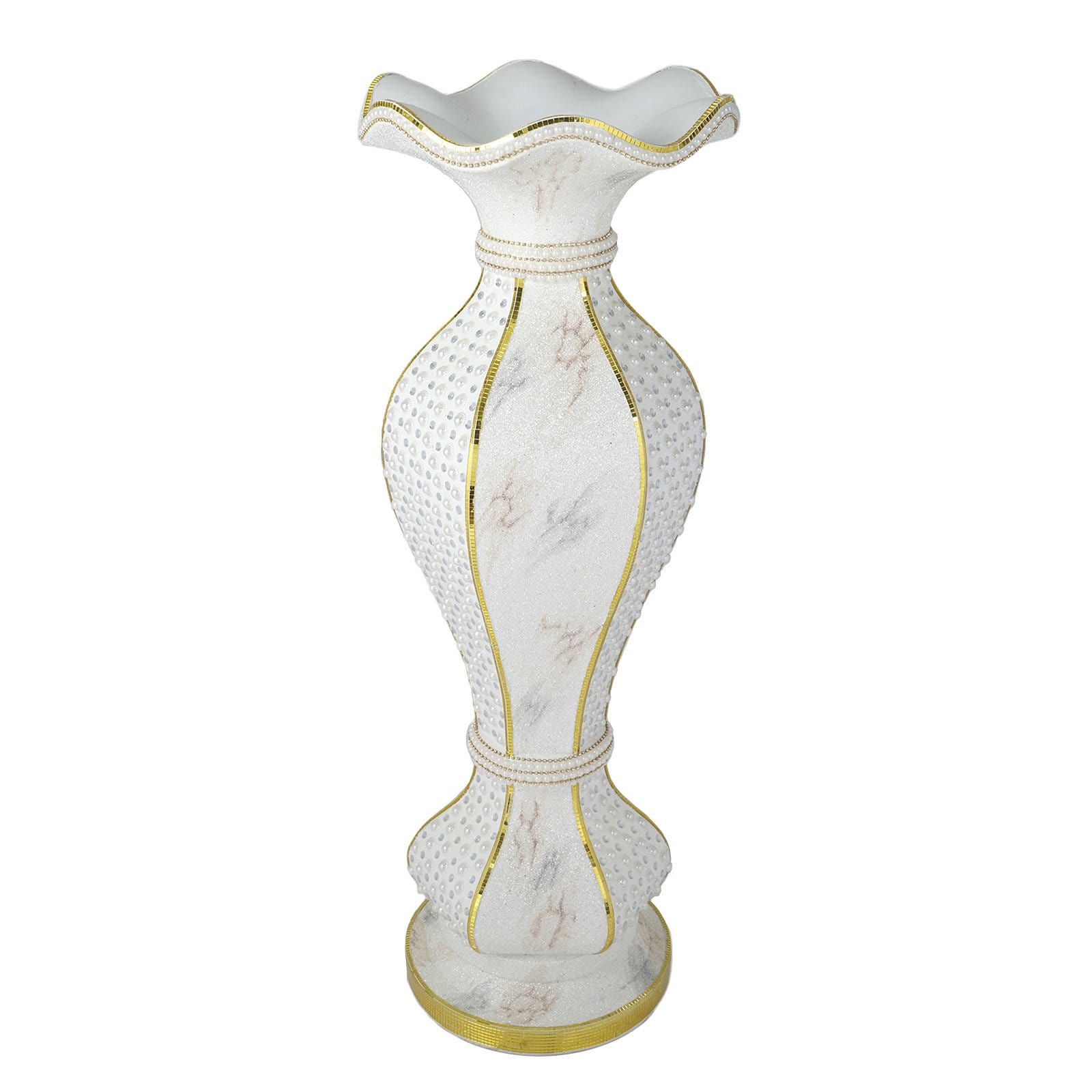 White Gold 40 in tall Ceramic Pot Vase with Marble Design and Mirror Mosaic