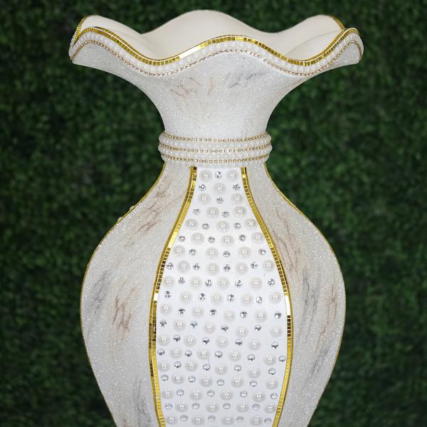 White Gold 40 in tall Ceramic Pot Vase with Marble Design and Mirror Mosaic