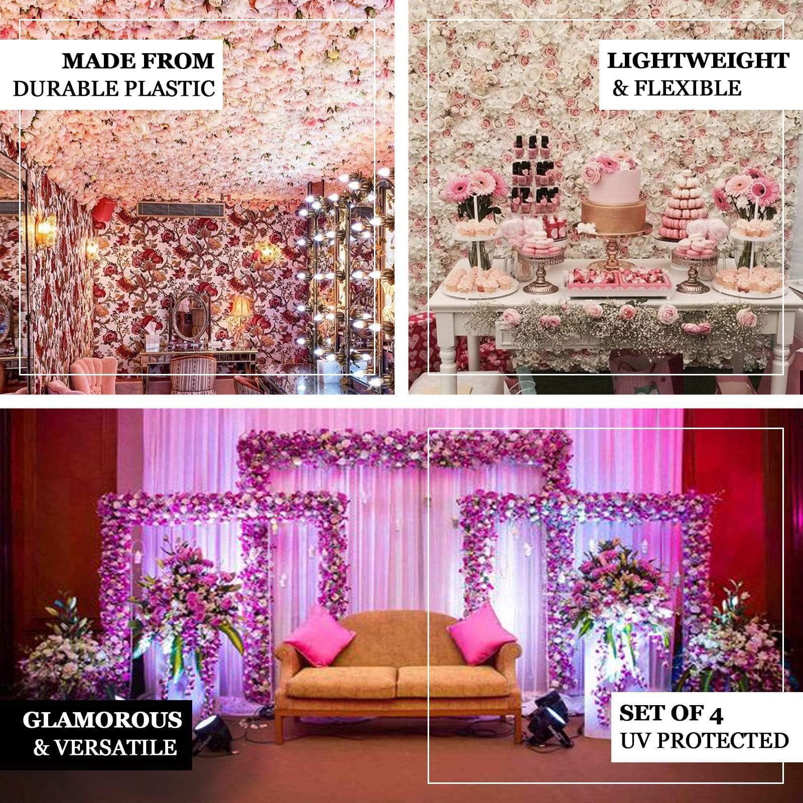 4 pcs Assorted Silk Flowers Wall Backdrop Panels