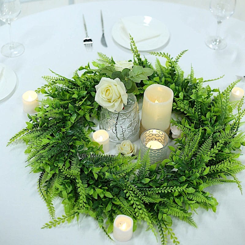 2 Green 22 in Wreaths Artificial Boxwood and Faux Fern Leaves Candle Rings
